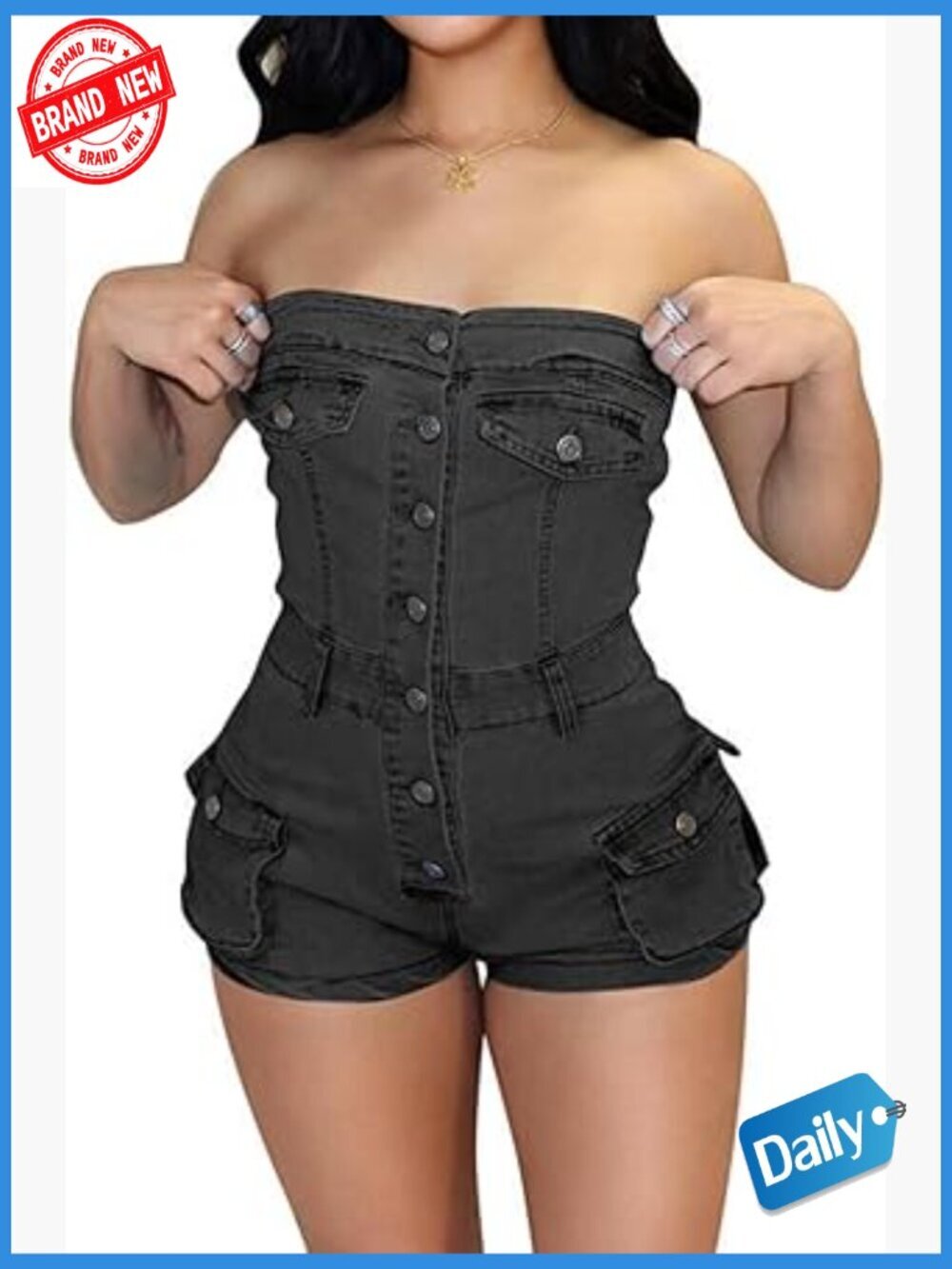 Strapless Denim Jumpsuit with Cargo Pockets One Piece Short Romper
